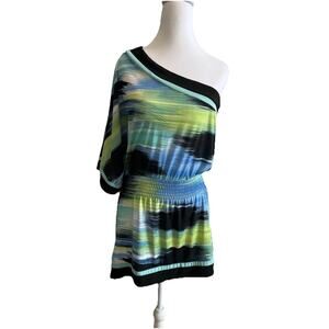 Grass Collection 1 Shoulder Swim Coverup Dress Tunic Blouse Sea Green SLIMMING M